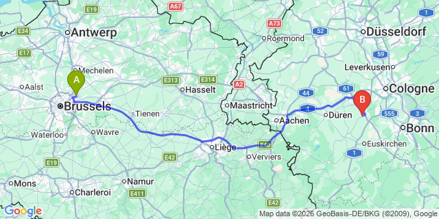 Map: Brussels Zaventem Airport (BRU) to Erftstadt