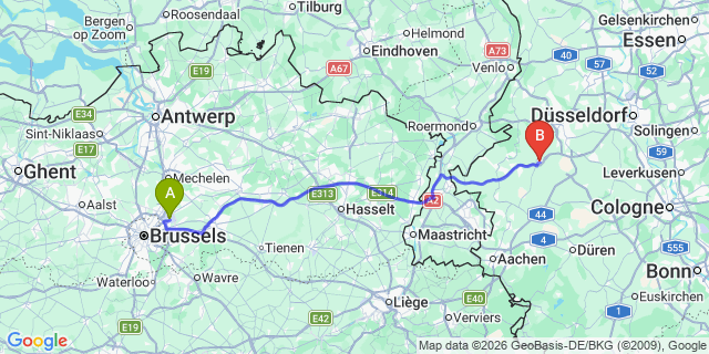 Map: Brussels Zaventem Airport (BRU) to Erkelenz