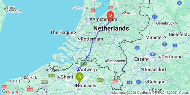 Map: Brussels Zaventem Airport (BRU) to Ermelo