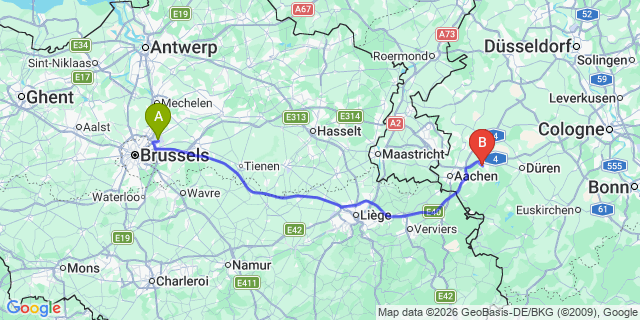 Map: Brussels Zaventem Airport (BRU) to Eschweiler