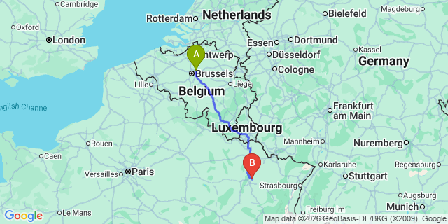 Map: Brussels Zaventem Airport (BRU) to Essey-lès-Nancy