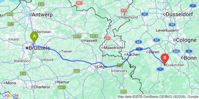 Map: Brussels Zaventem Airport (BRU) to Euskirchen