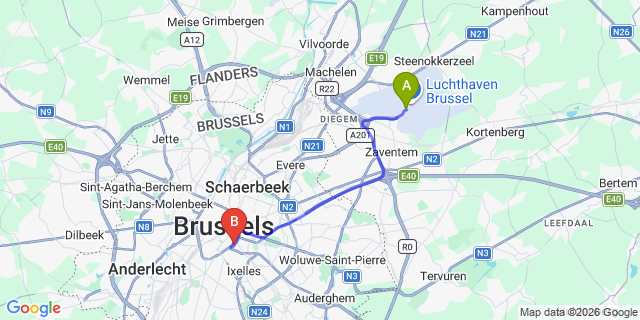 Map: Brussels Zaventem Airport (BRU) to Faubourg 21, Brussels