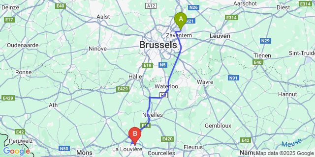 Map: Fayt-lez-manage to Brussels Zaventem Airport (BRU)