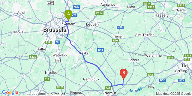 Map: Brussels Zaventem Airport (BRU) to Fernelmont