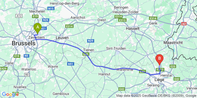Map: Brussels Zaventem Airport (BRU) to Fexhe-Slins