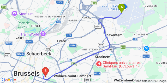 Map: Brussels Zaventem Airport (BRU) to First Euroflat Hotel, Brussels