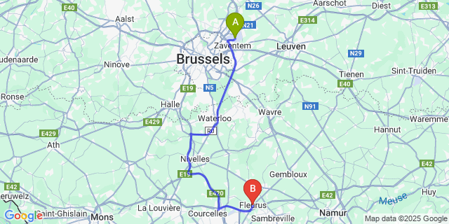Map: Brussels Zaventem Airport (BRU) to Fleurus