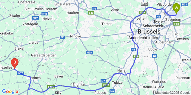 Map: Brussels Zaventem Airport (BRU) to Flobecq