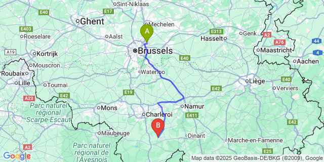Map: Brussels Zaventem Airport (BRU) to Florennes