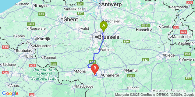 Map: Brussels Zaventem Airport (BRU) to Fontaine-l’Eveque
