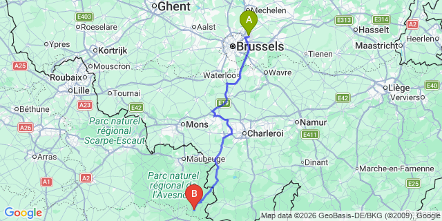 Map: Brussels Zaventem Airport (BRU) to Fourmies