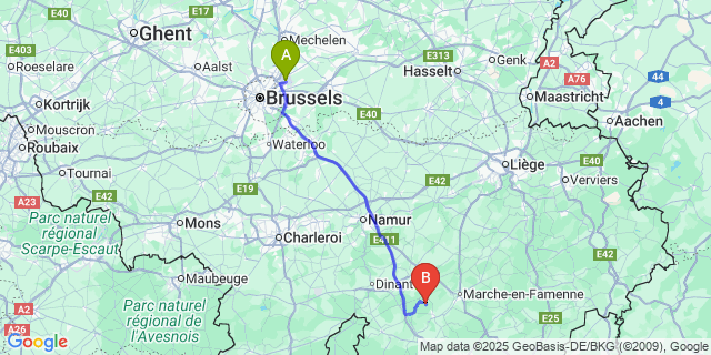Map: Brussels Zaventem Airport (BRU) to Frandeux