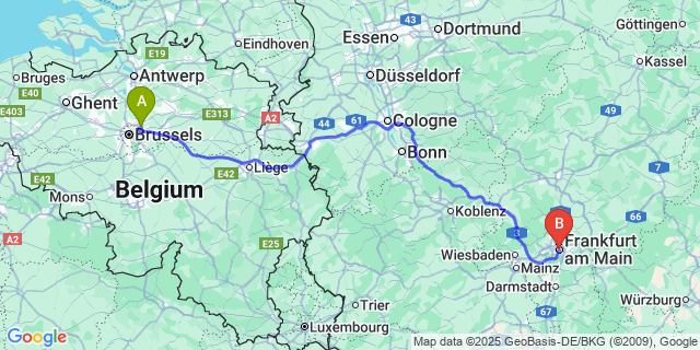 Map: Brussels Zaventem Airport (BRU) to Frankfurt am Main