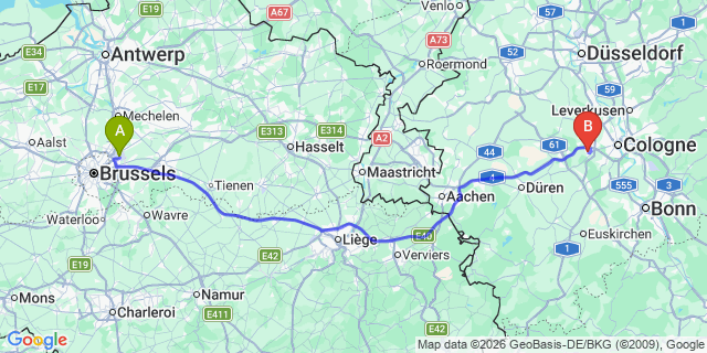 Map: Brussels Zaventem Airport (BRU) to Frechen