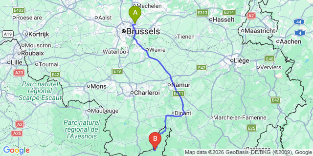 Map: Brussels Zaventem Airport (BRU) to Fumay