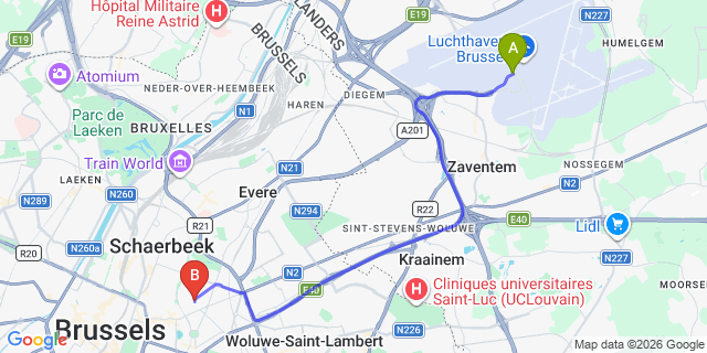 Map: Brussels Zaventem Airport (BRU) to Funkey Hotel, Brussels
