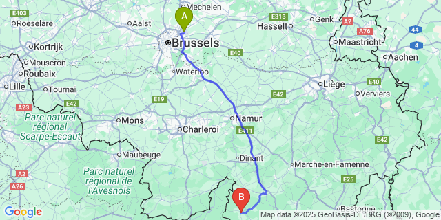 Map: Brussels Zaventem Airport (BRU) to Gedinne