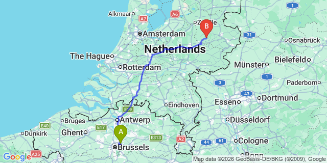 Map: Brussels Zaventem Airport (BRU) to Geldern