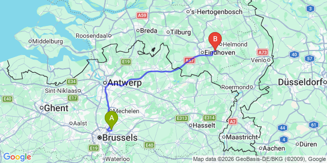 Map: Brussels Zaventem Airport (BRU) to Geldrop-Mierlo