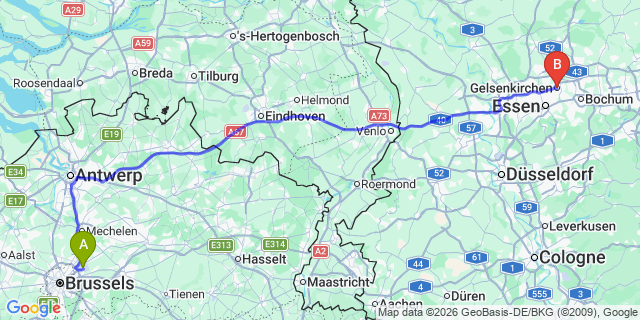 Map: Brussels Zaventem Airport (BRU) to Gelsenkirchen