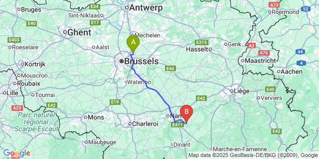 Map: Brussels Zaventem Airport (BRU) to Gesves