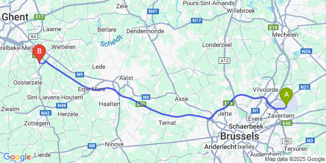 Map: Brussels Zaventem Airport (BRU) to Gijzenzele