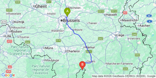 Map: Brussels Zaventem Airport (BRU) to Givet