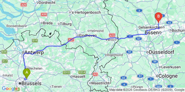 Map: Brussels Zaventem Airport (BRU) to Gladbeck