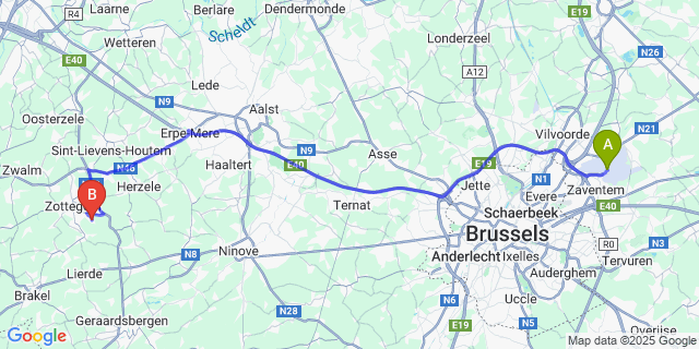 Map: Brussels Zaventem Airport (BRU) to Godveerdegem