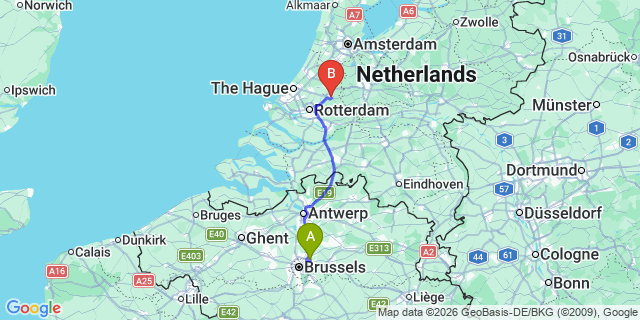 Map: Brussels Zaventem Airport (BRU) to Gouda