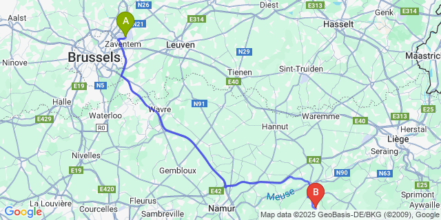Map: Brussels Zaventem Airport (BRU) to Grand-Marchin