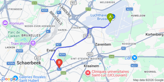 Map: Brussels Zaventem Airport (BRU) to Gresham Belson Hotel Brussels
