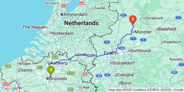 Map: Brussels Zaventem Airport (BRU) to Greven