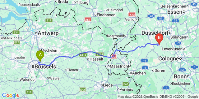 Map: Brussels Zaventem Airport (BRU) to Grevenbroich