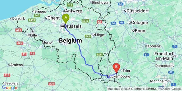 Map: Brussels Zaventem Airport (BRU) to Grevenmacher