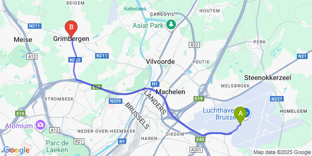 Map: Brussels Zaventem Airport (BRU) to Grimbergen
