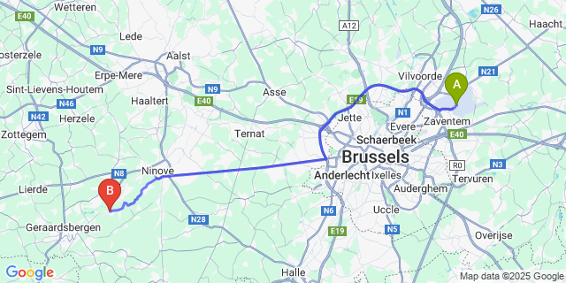 Map: Brussels Zaventem Airport (BRU) to Grimminge