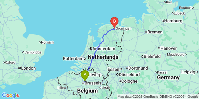 Map: Brussels Zaventem Airport (BRU) to Groningen