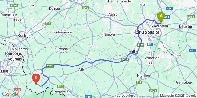 Map: Brussels Zaventem Airport (BRU) to Guignies