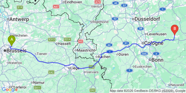 Map: Brussels Zaventem Airport (BRU) to Gummersbach