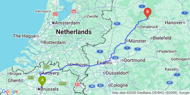 Map: Brussels Zaventem Airport (BRU) to Gütersloh