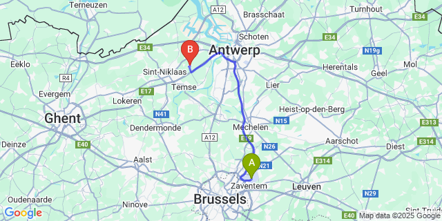 Map: Brussels Zaventem Airport (BRU) to Haasdonk