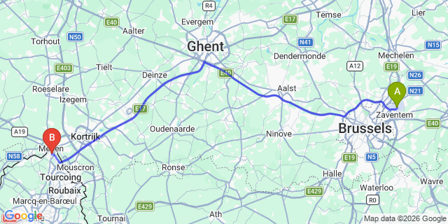 Map: Brussels Zaventem Airport (BRU) to Halluin
