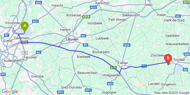 Map: Brussels Zaventem Airport (BRU) to Halmaal