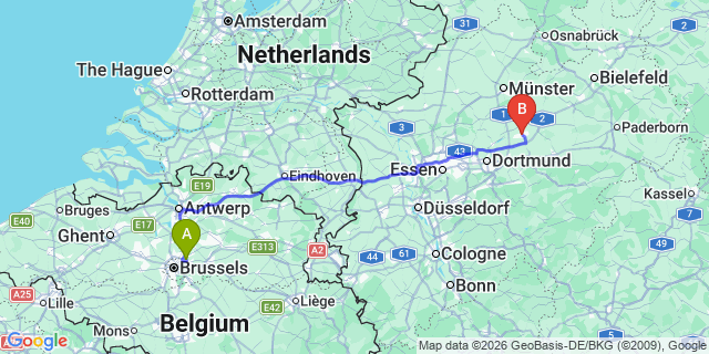 Map: Brussels Zaventem Airport (BRU) to Hamm