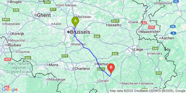 Map: Brussels Zaventem Airport (BRU) to Hamois