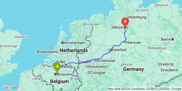 Map: Brussels Zaventem Airport (BRU) to Hannover city (all areas)