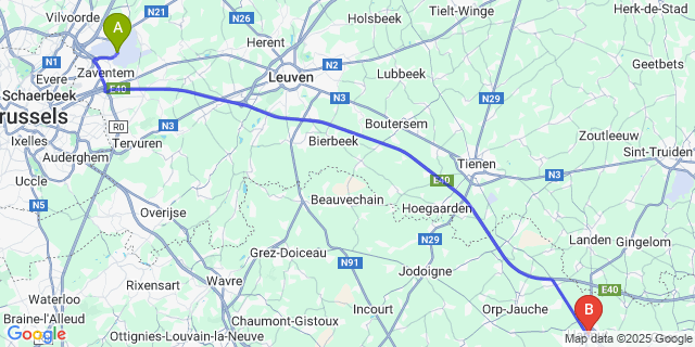Map: Brussels Zaventem Airport (BRU) to Hannut
