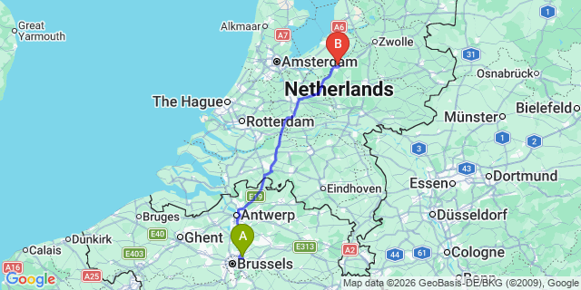 Map: Brussels Zaventem Airport (BRU) to Harderwijk